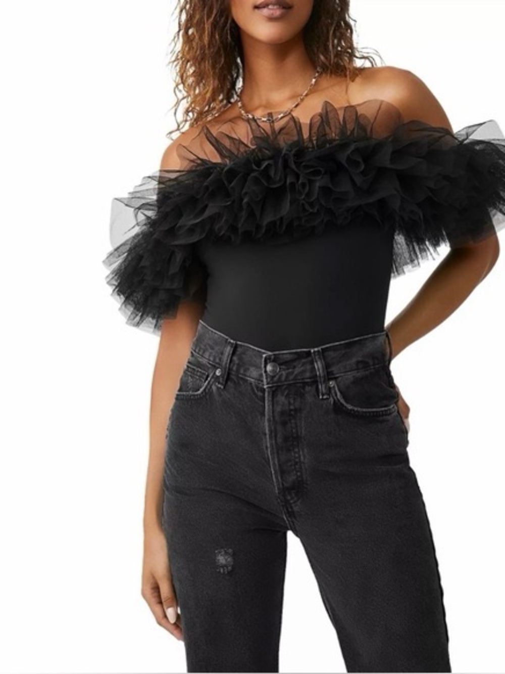 Free People Black Off-Shoulder Tulle Ruffle Bodysuit